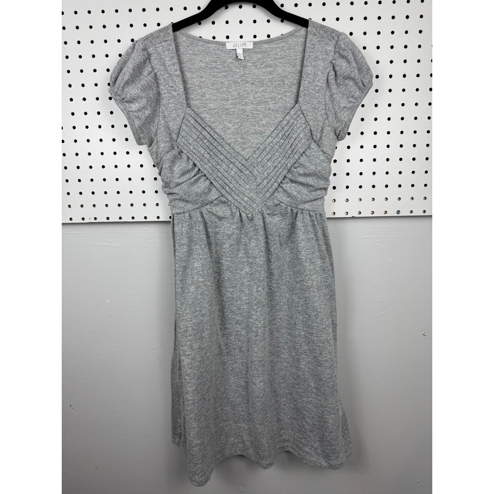 dELiA*s Y2K Girls M Gray Babydoll Dress Ruched Puff Sleeve Soft Grunge